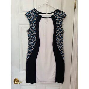 Cato Womens Bodycon Sheath Mini Dress Size 8 White Black Blue Leopard Color Bloc